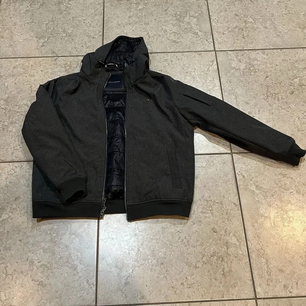 Tommy Hilfiger Mens XL Softshell Hooded Jacket Charcoal Gray Quilted Lining